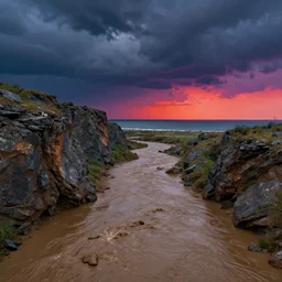 muddy river leads to sea by hiroshi yoshida, marc simonetti, roger deakins, turner, rothko, hyperrealism, cinematic, rock plateau, dramatic stormy scene, vivid synthwave sunset, matte painting, fluid simulation, tonalism, volumetric light, trending on artstation, cgsociety, high detail concept art, top view, rendered in octane