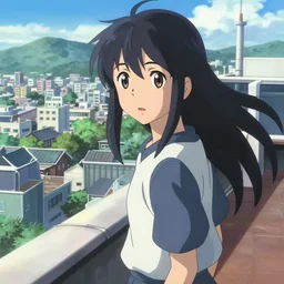 anime film visual of a long black haired boy sightseeing future seoul, standing on rooftop, cute face by ilya kuvshinov, makoto shinkai, kyoto animation, dynamic perspective and pose, detailed eyes, crisp and sharp cel shade