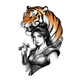 tattoo design on white background of a beautiful girl warrior below a tiger head, hyper realistic, realism tattoo, by eliot kohek, beautiful eyes, realistic face, black and white