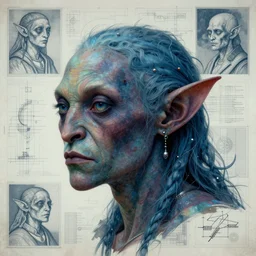 portrait of bugfolk head and shoulders, in the style of Greg Broadmore and Arthur Rackham and Moebius, trending on artstation, light lighting side view,digital art,surrealism ,macro,blueprint ,vaporwave ,