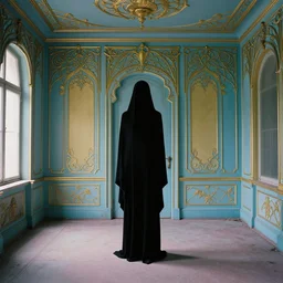 a black nightmare in a blue and gold haunted liminal abandoned room, film still by wes anderson, limited color palette, very intricate, art nouveau, highly detailed, strong lights, liminal, eerie, bright pastel colors