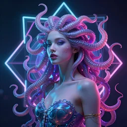 photo of surreal medusa gorgo  in neon lighting, elegant, highly detailed, smooth, sharp focus, trippy, dmt, psychedelic, illustration, beautiful, geometric, trending on artstation, cinematic, artwork by WLOP