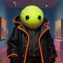 a tennis ball monster starring into the camera, fixed eyes, flowing black coat with glowing neon orange trim, inside a museum, colorful, surreal, dramatic lighting, face, detailed, intricate, elegant, highly detailed, digital painting, artstation, chalk, concept art, smooth, sharp focus, illustration, art by basil gogos and sam pratt
