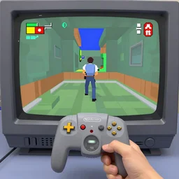first - person shooter, sci - fi first - person - shooter on nintendo 6 4, 1 9 9 9 graphics, low poly graphics, crt tv