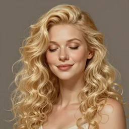 A pregnant blond lady with closed eyes smiling, very detailed sharp angular masculine face, hooked nose and square jaw long fluffy curly blond hair, light blond hair, gorgeous, beautiful, intricate, highly detailed, digital painting, artstation, concept art, sharp focus, illustration, art by greg rutkowski and alphonse mucha