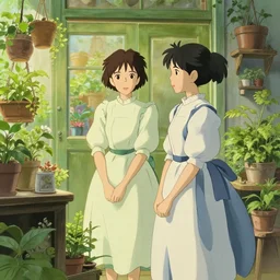 two girls in victorian dress looking around a cute plant shop, light green color scheme, natural lighting, intricate details, cozy atmosphere, matte painting, illustration, by hayao miyazaki