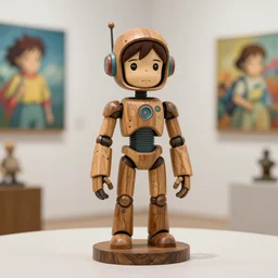sculpture beautiful realistic character, wooden design art toys collection very cute figurine android robot cyberpunk, photorealistic, gallery of art in background, cgsociety style popart, studio ghibli