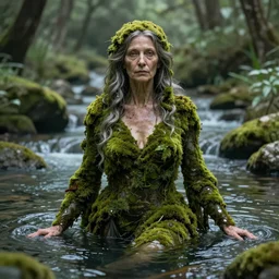 Portrait of one single moss-covered 65 year-old Gaia goddess merging with a river, highly-detailed, elegant, dramatic lighting, artstation, 4k
