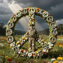 military dictatorship with peace symbols, police state covered with flowers