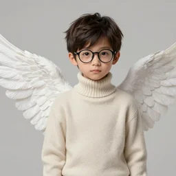 portrait of a scholar angel, fantasy, turtleneck sweater, spread white wings, cute, shy, nice, glasses!!!, medium shot, illustration, digital art, highly detailed, high quality, by charlie bowater and greg rutkowski and artgerm, 1 2 3 4
