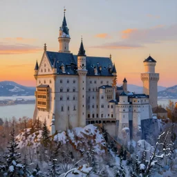 a painting of a castle in the middle of a snowy mountain, a detailed matte painting by andreas rocha and greg rutkowski, sunset, featured on artstation, fantasy art, matte drawing, matte painting, artstation hq