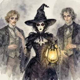a simple and atmospheric watercolour portrait of a ghoulish victorian witch dark cheekbones holding a lantern on halloween, very muted colors, by rebecca guay, michael kaluta, charles vess and jean moebius giraud
