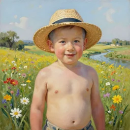 insanely detailed painting of benjamin netanyahu shirtless and wearing a strawhat in a field of flowers, small river in background, serene, aesthetic, elegant, nature painting, happy, cute, by robert hagan and mark keathley