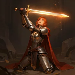 detailed fantasy illustration portrait of a repentant short - haired female warrior kneeling and looking up into a beam of light holding a sword above in both hands, divinely lit, orange radiant glowing, trending on artstation, digital art ( by anna steinbauer ) ( by victor adame ) ( by jesper ejsing )