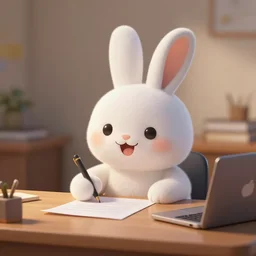 a cute happy cartoon rabbit sitting at a desk and writing on a paper, mcbess