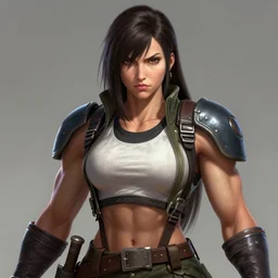 portrait of a beautiful muscular tifa lockhart with plump lips in team fortress 2 style, tragic, military art, concept art, fantasy, hd shot, digital portrait, beautiful, artstation, comic style, by artgerm, guy denning, jakub rozalski, magali villeneuve and charlie bowater
