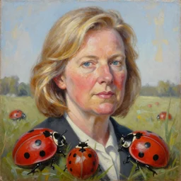 painting of lindsey graham composed of ladybugs. masterpiece oil painting.