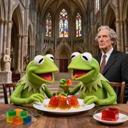 beautiful studio photograph of a surrealist assemblage of kermit the frog eating a delicious meal of jello tetris blocks inside the cathedral, sculpted by ron mueck and matthew barney and rene magritte, hysterical realism intense cinematic lighting shocking detail 8 k