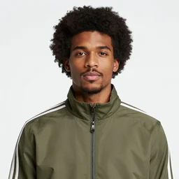 black man with afro hair, stubble, wearing an adidas army green jacket, in the streets of tokyo, akira style, by katsuhiro otomo