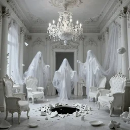 Gothic baroque white porcelain room furnished with baroque furniture made of white porcelain and white veils, an intricate chandelier of blown branches forming a cloud, and shattering white porcelain objects,  a trap door in the floor is the passage to another dimension, beautiful white ghosts with long robes and intricate white jewels float in the room. trending on artstation, sensual gloomy, volumetric clouds, unreal render, depth of field