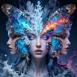 3 d goddess butterfly face portrait, face in the center, beautiful intricate highly detailed quetzalcoatl feathers. bioluminescent, plasma, ice, lava, galaxy, milk, artwork by tooth wu and wlop and beeple and greg rutkowski, 8 k trending on artstation, volumetric lighting