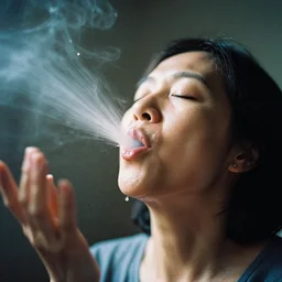 analog photographic portrait with 5 0 mm lens and f / 1 2. 0 of a 8 3 years old woman woman with her eyes closed and spurting from her mouth a white viscous fluid floating in the air. with a slight variation of light in the liquid and gesture.