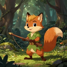 a pretty medieval anthropomorphic squirrel fox ranger dressed as peter pan and holding a crossbow in the forest, comic art, trending on furaffinity, cartoon, kawaii