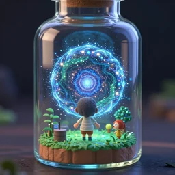 animal crossing micro world in a glass bottle, stunning, beautiful, breathtaking, reflections, bioluminescence, fantasy, hyper - realistic, unreal engine, pattern, fractal