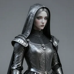 dreary woman in dark fabrics, detailed pattern on clothes, in the style of spanish conquerors, silver, plastic, anime render, 8 k