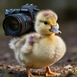 a cute fuzzy ducking with colored rainbow fuzz, photorealistic, detailed, beautiful shot dlsr camera, zeiss lens
