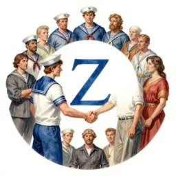 the circle complete, greek symbol zeta, diversity team, american sailor, european, handshake, highly detailed, digital painting, watercolor, soviet realism, engraving, artstation, concept art, smooth, sharp focus, vivid grunge, manga, illustration, unreal engine 5, 8 k, art by bilibin and kuvshinov and malevich and mucha