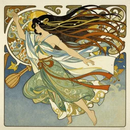 a beautiful illustration of the god of wind, style of yoshitaka amano and alfons mucha