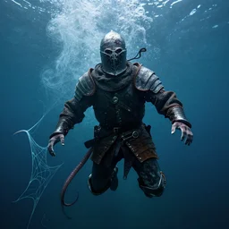 an underwater film still of a medieval warrior in leather armor underwater, dry ice, tentacles, webbing, creepy