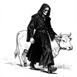 grim reaper in retro sunglasses walking a cow on a leash Dungeons and Dragons Monster Manual, line art illustration, 1981, high detail