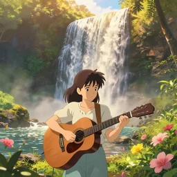 an epic makoto shinkai and renoir landscape with a beautiful brown haired woman playing a guitar in front of hawaiian waterfall, golden hour, 🌺, ultra smooth, lois van baarle, ilya kuvshinov, unreal engine, blender, trending on artstation, suntur, caleb worcester, highly detailed, photorealism, bloom effect 8 k