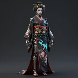 full body portrait of a gothic style punk geisha robot with kanji tattoos and decals wearing a digital pixelated kimono, intricate design, photo - realistic, octane render, dark colour palette, ultra fine detailed, character design, trending on artstation