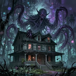 small louisiana swamp cottage as evil creature in style of mansion o madness wallpaper, 1 8 century, arkham horror, tentacles, evil fluid, dramatic, heroic, fear, insane, terrific, insane, lovecraft illustration, particles, by asher brown durand, by yoshitaka amano, fantasy digital art, colorfull, bokeh effect