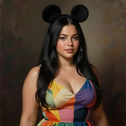 beautiful thirty year old woman with long black hair, tan skin, curvy hourglass figure, round cute face, slight resemblance to selena gomez and vanessa hudgens wearing colorful modern clothes and a mickey mouse ears headband. beautiful painting by artgerm and greg rutkowski lois van baarle and bouguereau