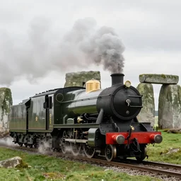 a steam locomotive driving under stonehenge