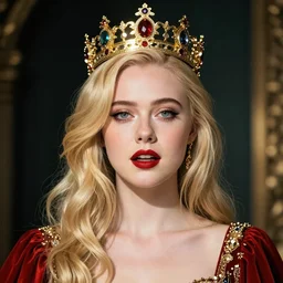 a striking hyper real illustration of Elle Fanning with a crown by Junji Ito