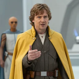 cinematic still image screenshot portrait of luke skywalker in yellow cape talking to maz kanata diplomatic, dramatic political scene from force awakens crisp 4 k 7 0 mm imax, moody iconic scene, directed by jj abrams, beautiful backlit, planet