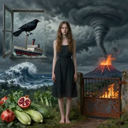 a tall emo girl, courgettes, pomegranates, a red - eyed blackbird, a sinking ship, a broken window, a stormy sky, a tornado, a hurricane, a tsunami, a volcano, a forest fire, a rusty gate, zen, sensual, surrealist, by magritte and monet