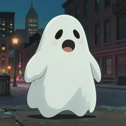a scary looking but very friendly transparent ghost in Chicago in the style of a ghibli movie