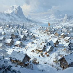 Icy port city, wooden buildings, trade hub, a fantasy digital painting by Greg Rutkowski and James Gurney, trending on Artstation, highly detailed