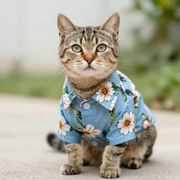 a cat wearing a hawaii shirt
