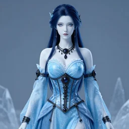 steampunk ice lady, corset, pale white skin, sky - blue dress, robes, black jewerly, dark blue hair, ice throne, beautiful ice background, highly detailed, smooth, sharp focus, digital painting, artgerm and greg rutkowski and alphonse mucha