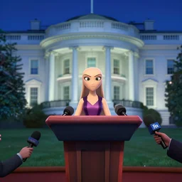 nighttime shot of secret agent mewtwo in dress standing behind podium at white house press conference answering press questions high resolution pixar