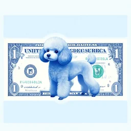 currency design like a dollar bill, blue, with the design of an apricot poodle dog with a cigar and glasses printed on currency paper, currency symbols printed, highly detailed, realistic, octane render, uplight