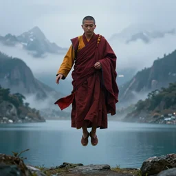 buddhist monk in front of camera flying over himalaya mountains lake, small foggy and blue gloomy, bokeh background, highly detailed science fiction illustration by jeremy geddes. photorealistic, octane render, hyper detailed, 8 k, movie still, artstation, unreal engine