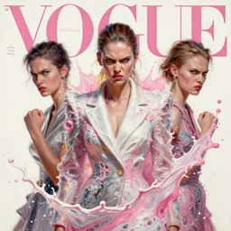 3 d, angry fashion model, splashes, liquid white and pink colors water, sun, vogue cover style, poster art, high detail, intricate oil painting, multiple exposure, stanley kubrick mood, hyperrealism, 3 d, by tooth wu and wlop and beeple and greg rutkowski